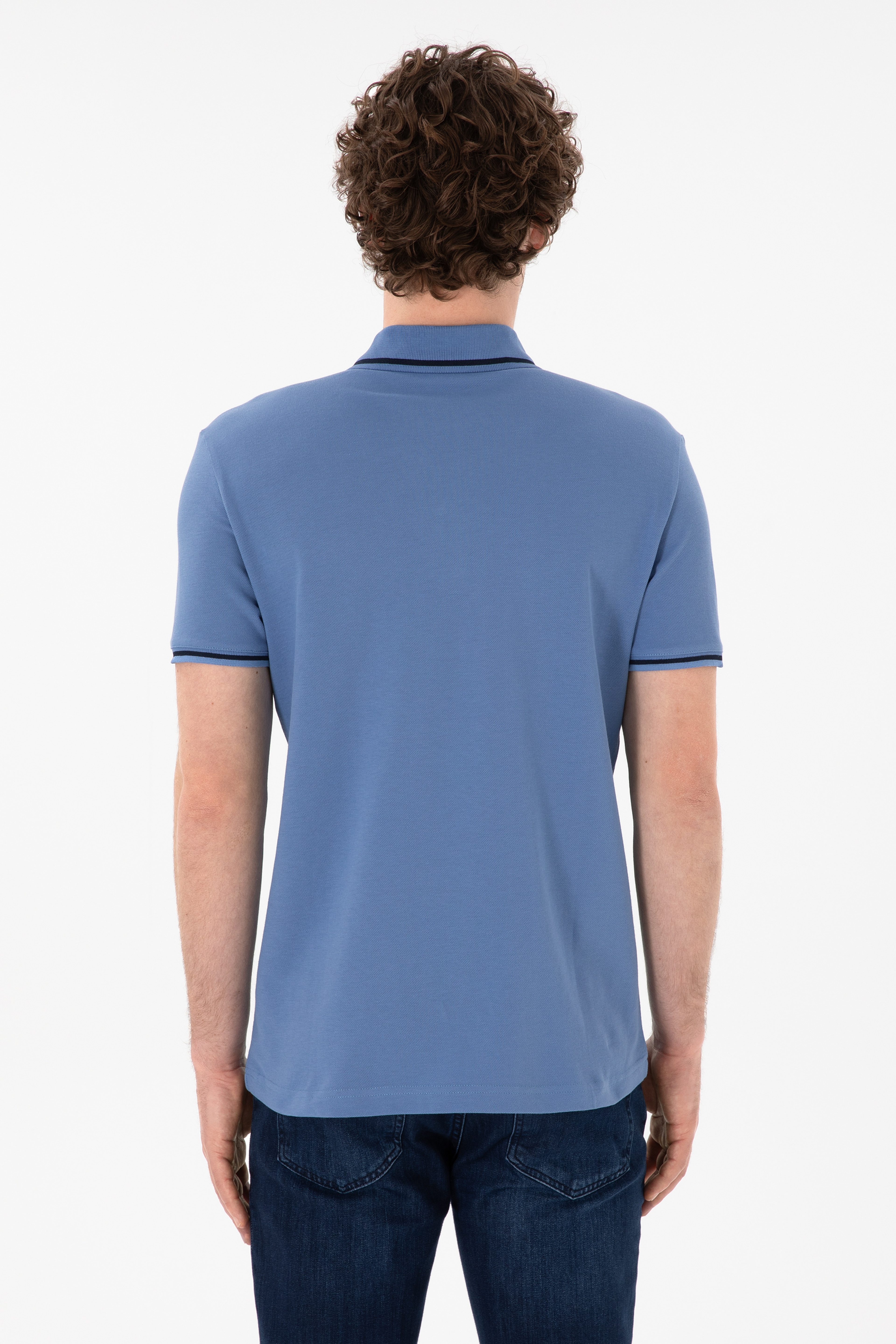 Erkek Slim Fit Polo Yaka Koyu Mavi Basic Tişört - Image 6