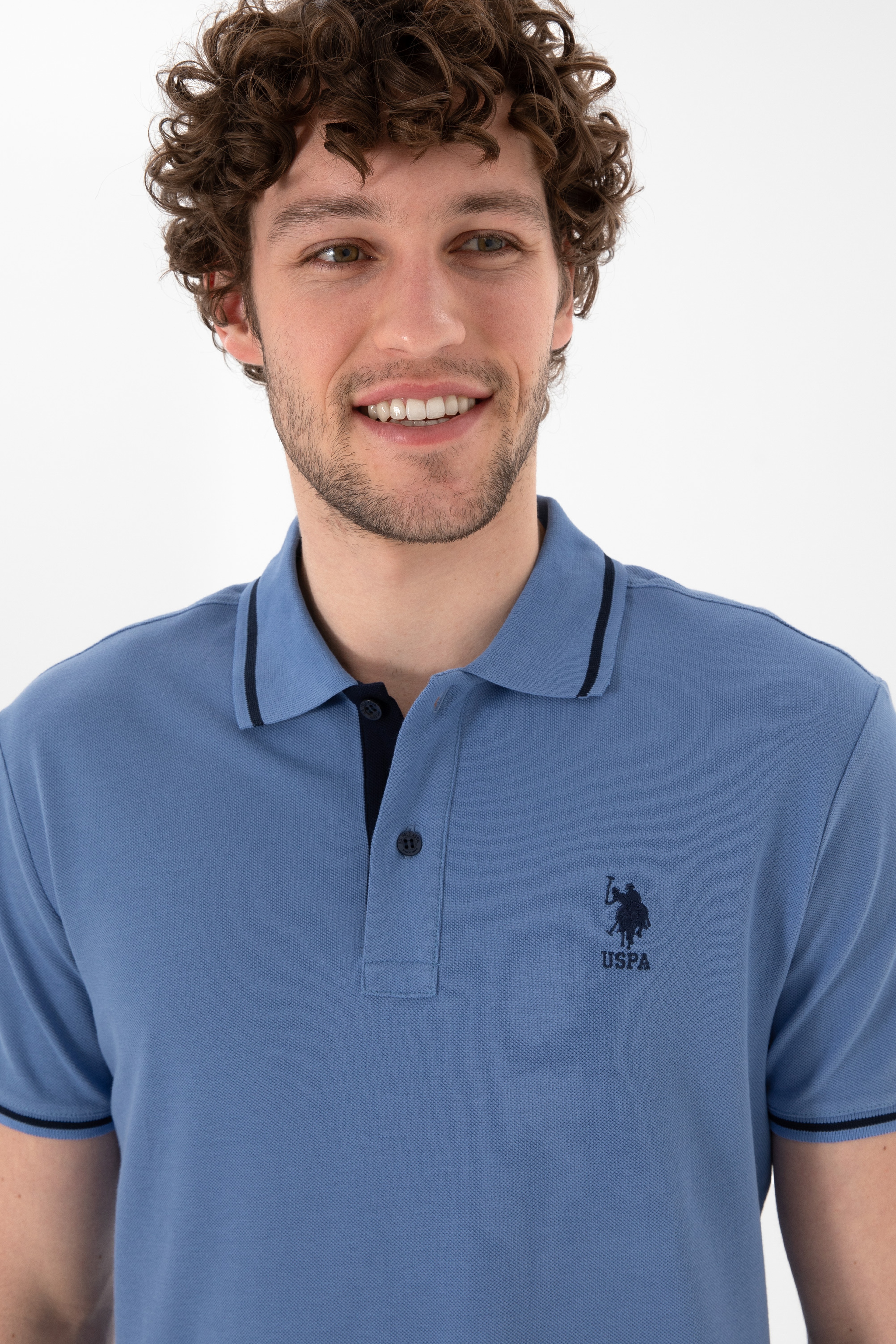 Erkek Slim Fit Polo Yaka Koyu Mavi Basic Tişört - Image 3