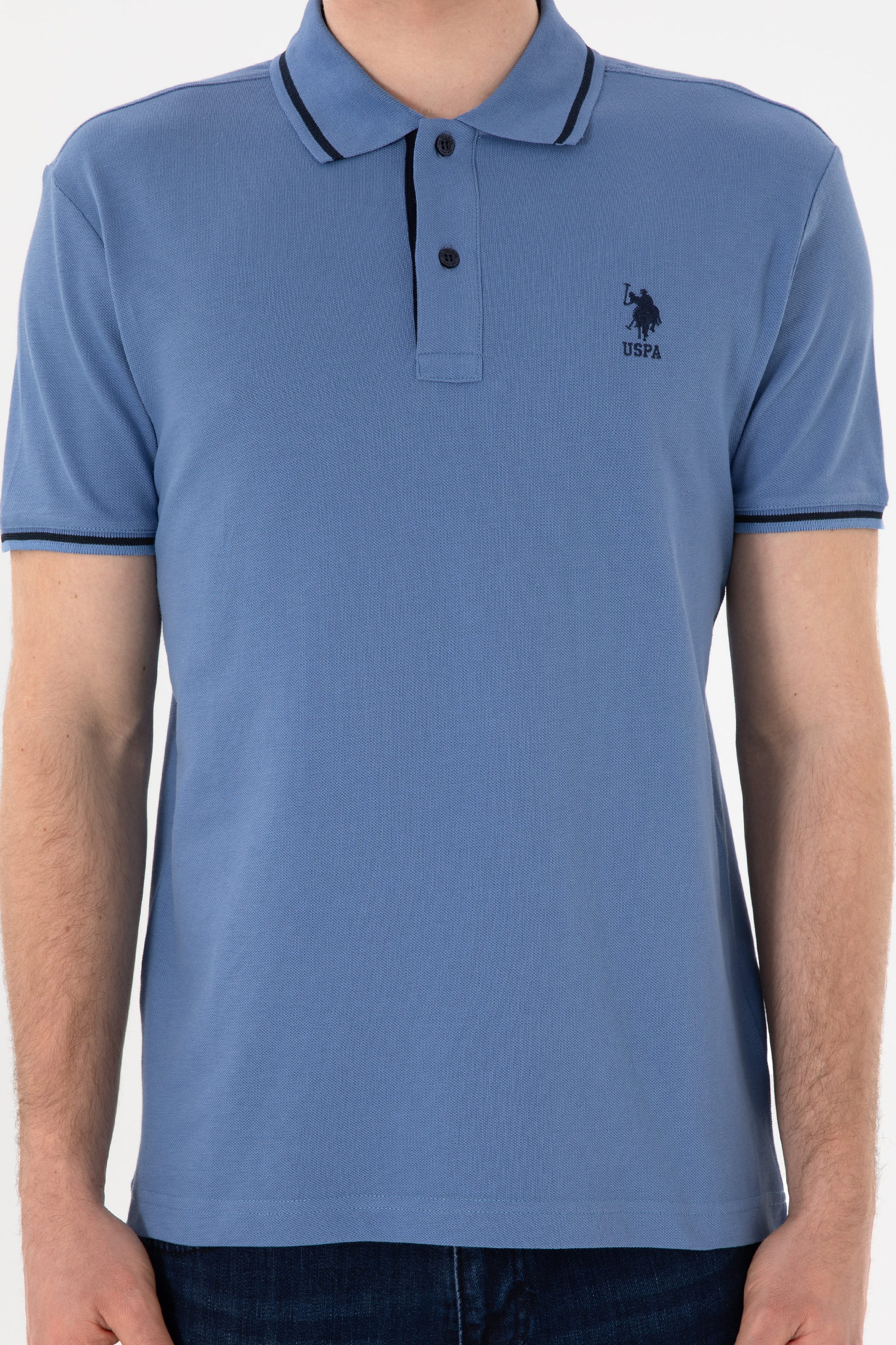 Erkek Slim Fit Polo Yaka Koyu Mavi Basic Tişört - Image 7