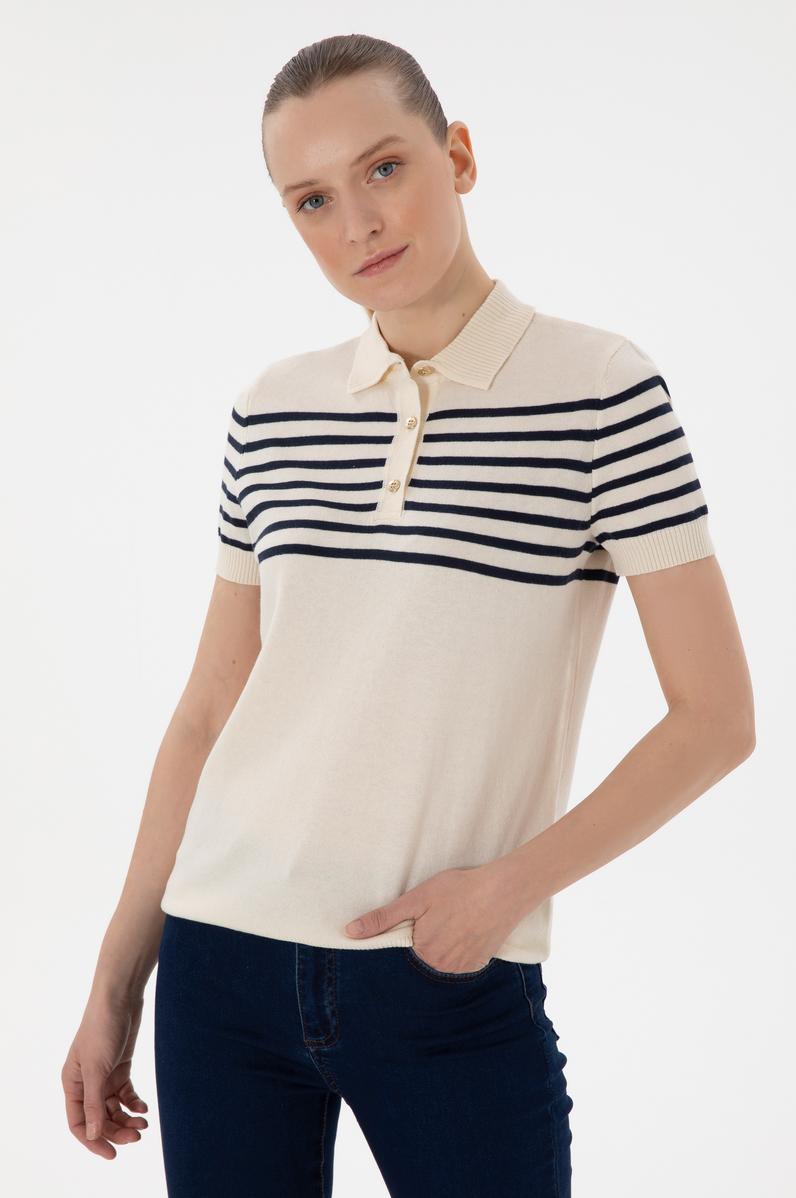 Kadın Lacivert Polo Yaka Çizgili Triko Tişört