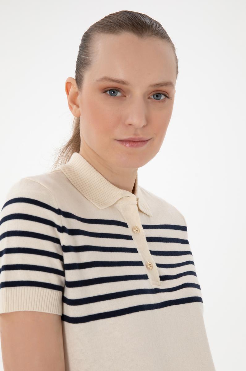 Kadın Lacivert Polo Yaka Çizgili Triko Tişört