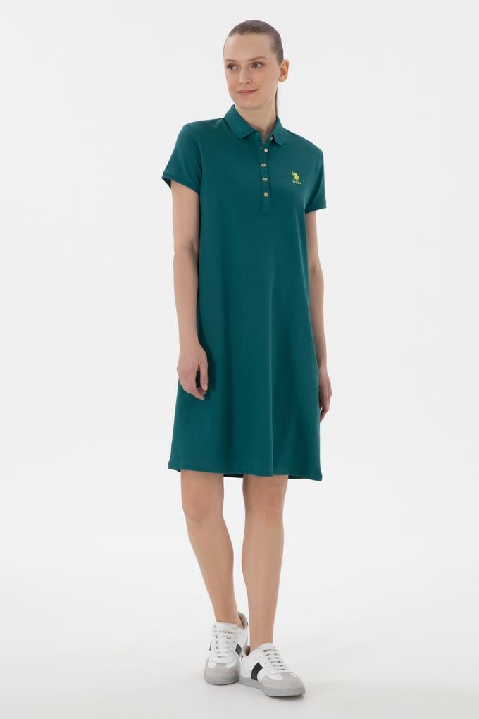 Kadın Koyu Yeşil Polo Yaka Mini Boy Örme Elbise