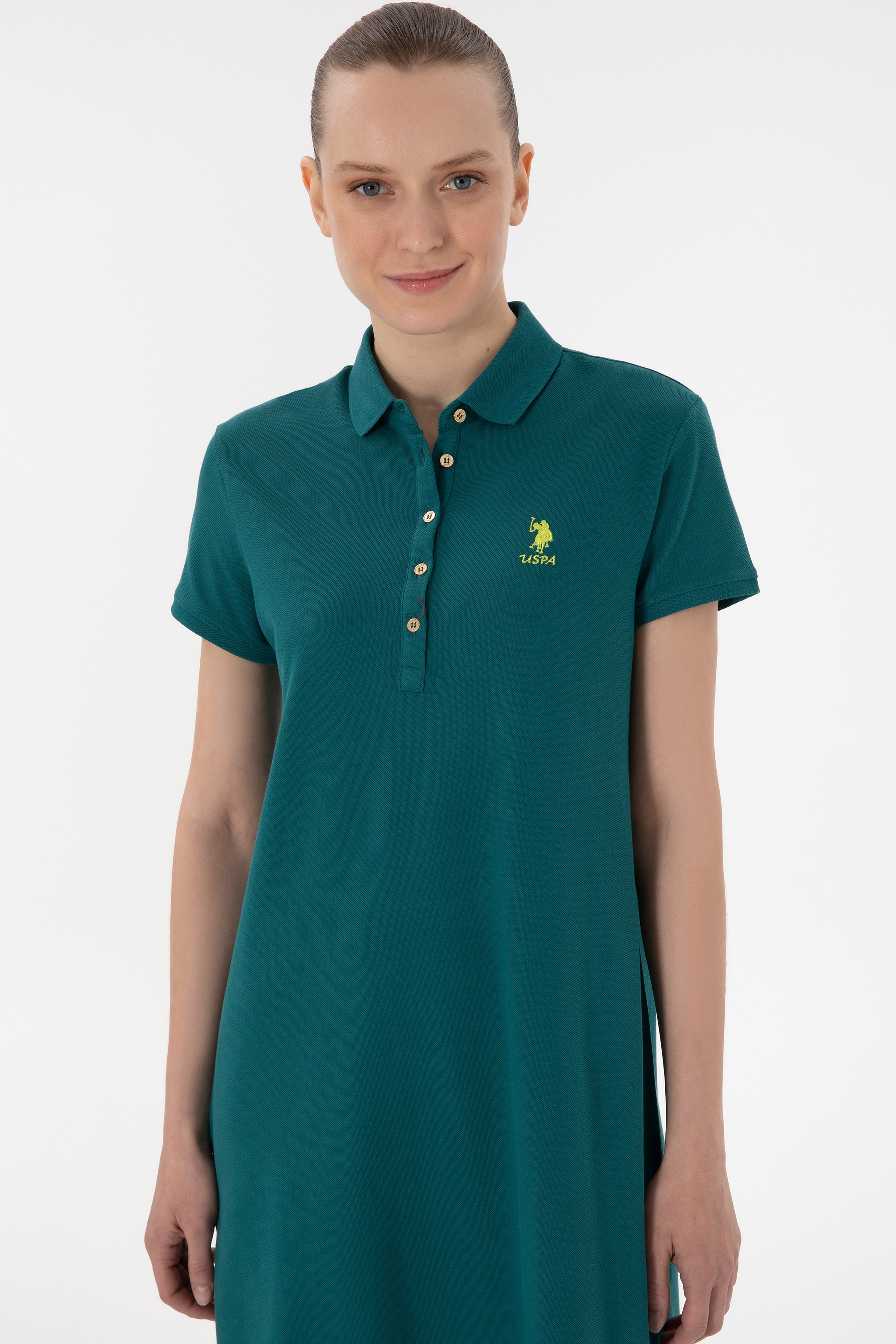 Kadın Koyu Yeşil Polo Yaka Mini Boy Örme Elbise - Image 2