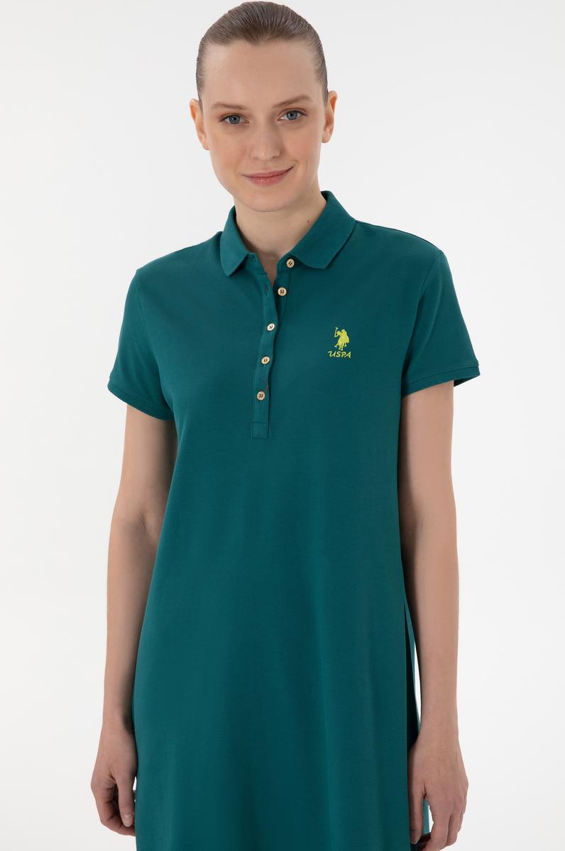 Kadın Koyu Yeşil Polo Yaka Mini Boy Örme Elbise