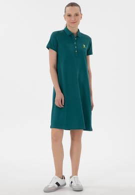 Kadın Koyu Yeşil Polo Yaka Mini Boy Örme Elbise - 50280038081