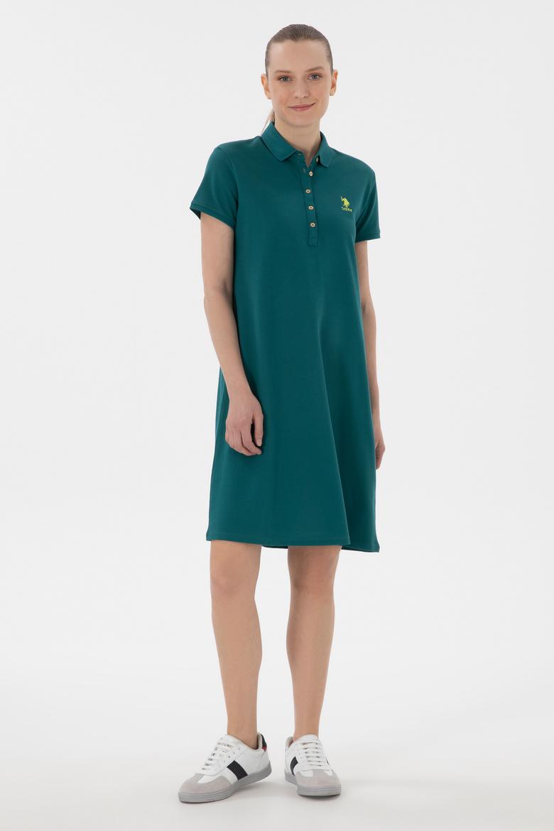 Kadın Koyu Yeşil Polo Yaka Mini Boy Örme Elbise - 50280038081