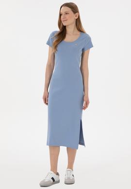 Kadın Mavi Yırtmaçlı Bisiklet Yaka Midi Boy Örme Elbise - 50305753031