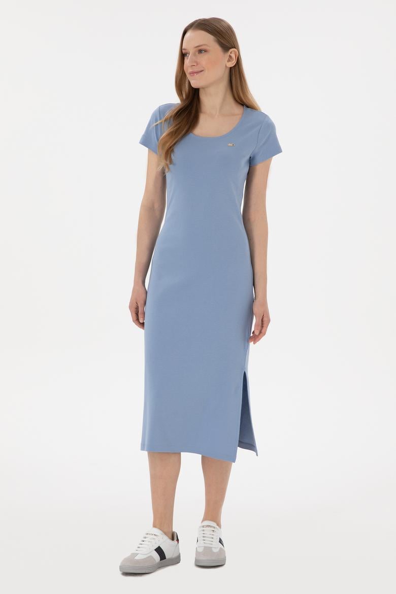 Kadın Mavi Yırtmaçlı Bisiklet Yaka Midi Boy Örme Elbise - 50305753031