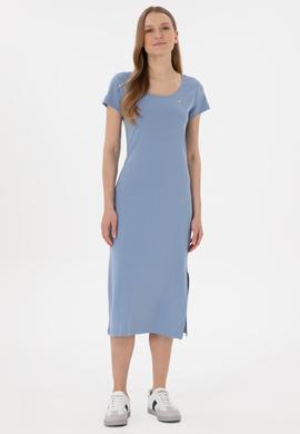 Kadın Mavi Yırtmaçlı Bisiklet Yaka Midi Boy Örme Elbise - 50305753031