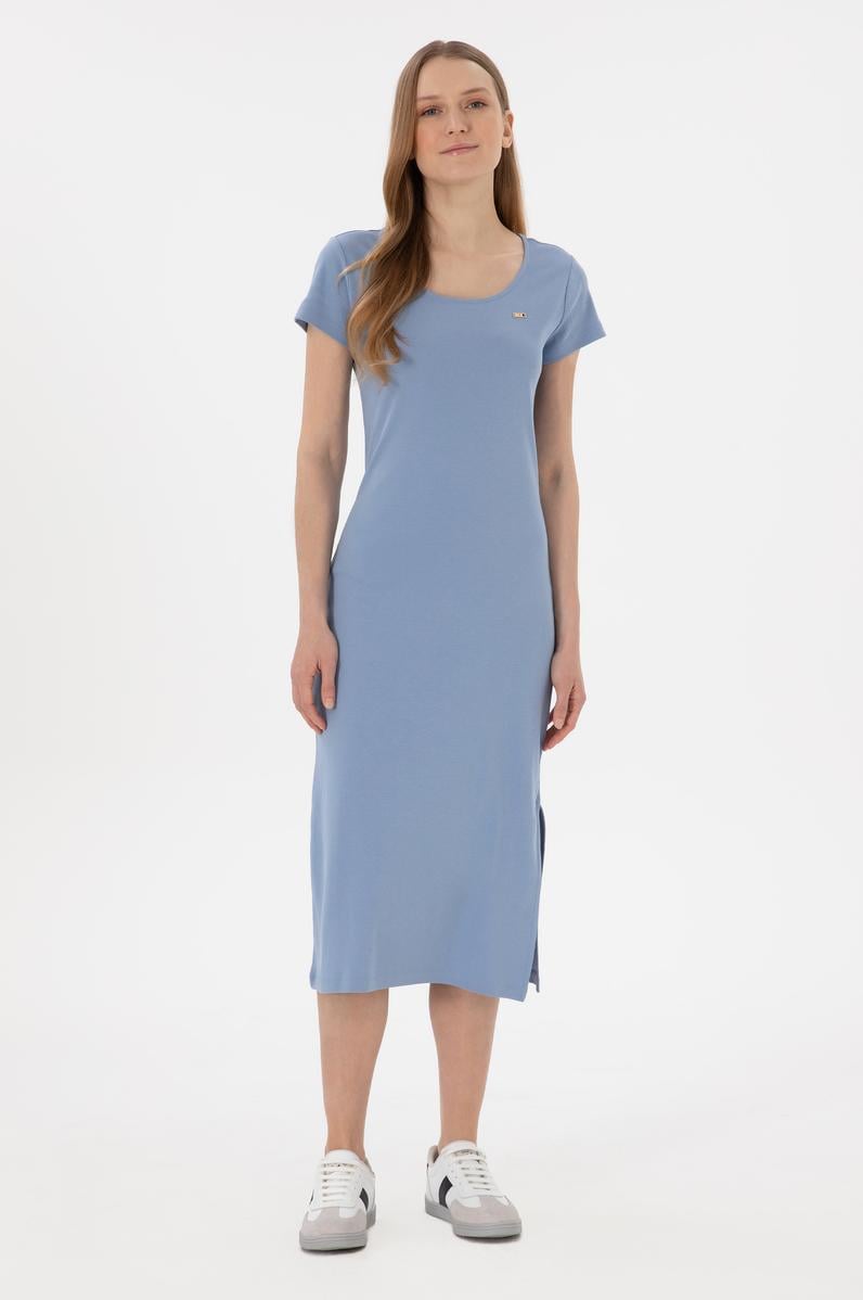 Kadın Mavi Yırtmaçlı Bisiklet Yaka Midi Boy Örme Elbise