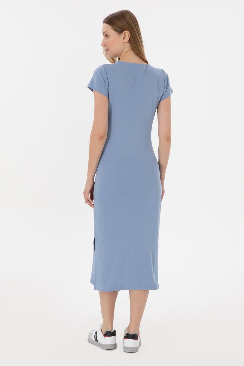 Kadın Mavi Yırtmaçlı Bisiklet Yaka Midi Boy Örme Elbise - 50305753031