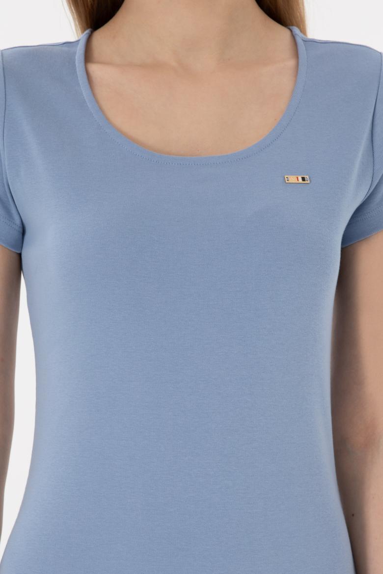 Kadın Mavi Yırtmaçlı Bisiklet Yaka Midi Boy Örme Elbise - 50305753031