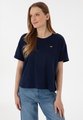Kadın Lacivert Kol Katlamalı Bisiklet Yaka Tişört - 50305822007