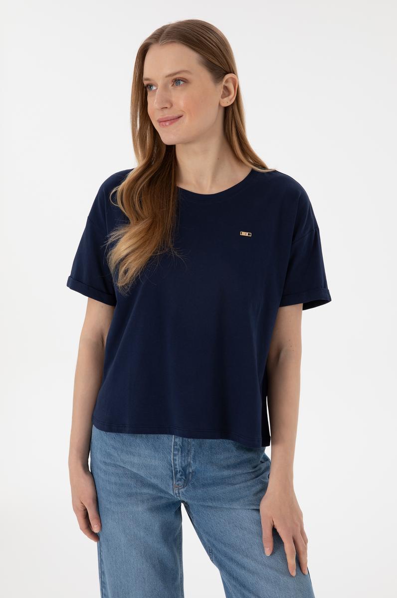 Kadın Lacivert Kol Katlamalı Bisiklet Yaka Tişört
