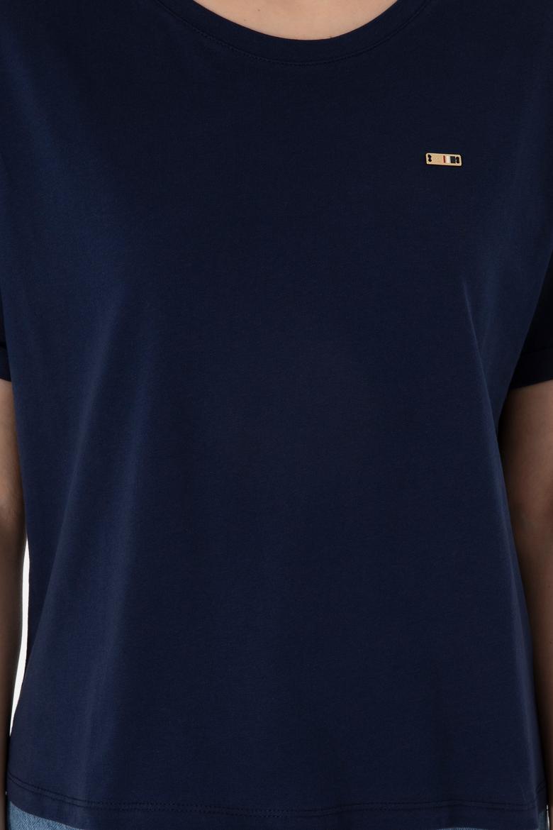 Kadın Lacivert Kol Katlamalı Bisiklet Yaka Tişört - 50305822007
