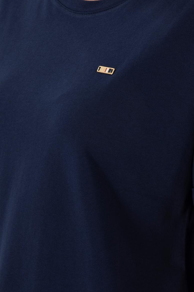 Kadın Lacivert Kol Katlamalı Bisiklet Yaka Tişört - 50305822007