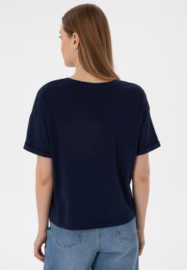 Kadın Lacivert Kol Katlamalı Bisiklet Yaka Tişört - 50305822007