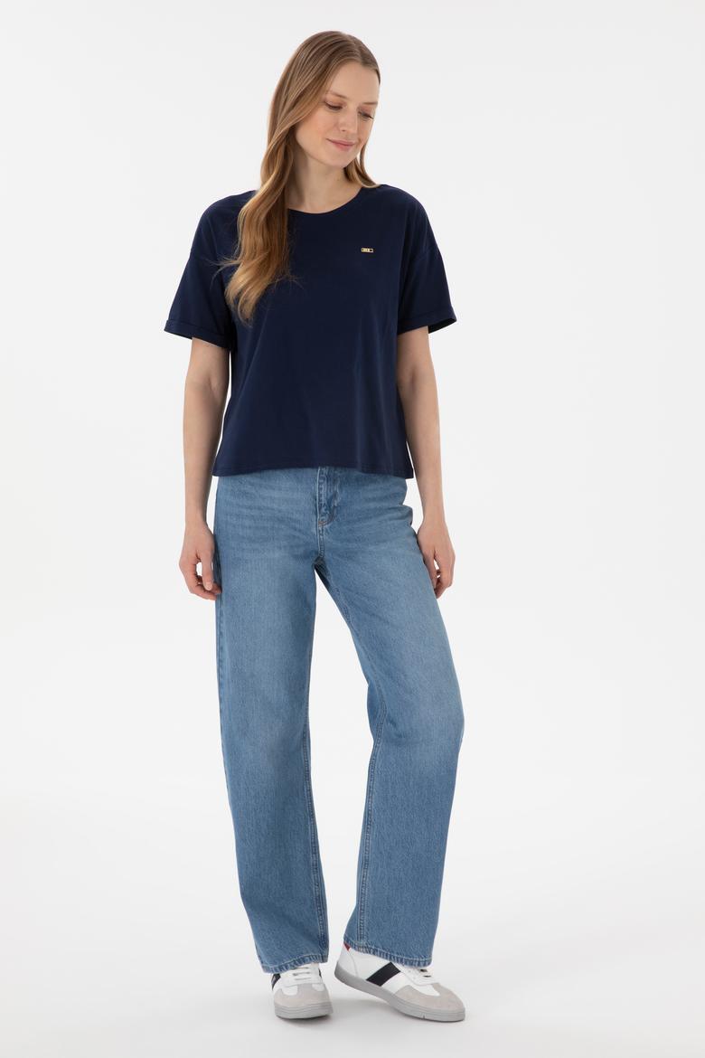 Kadın Lacivert Kol Katlamalı Bisiklet Yaka Tişört - 50305822007