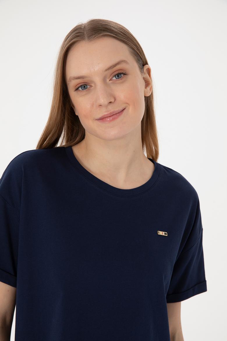 Kadın Lacivert Kol Katlamalı Bisiklet Yaka Tişört - 50305822007