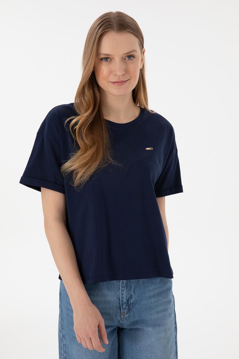 Kadın Lacivert Kol Katlamalı Bisiklet Yaka Tişört - 50305822007