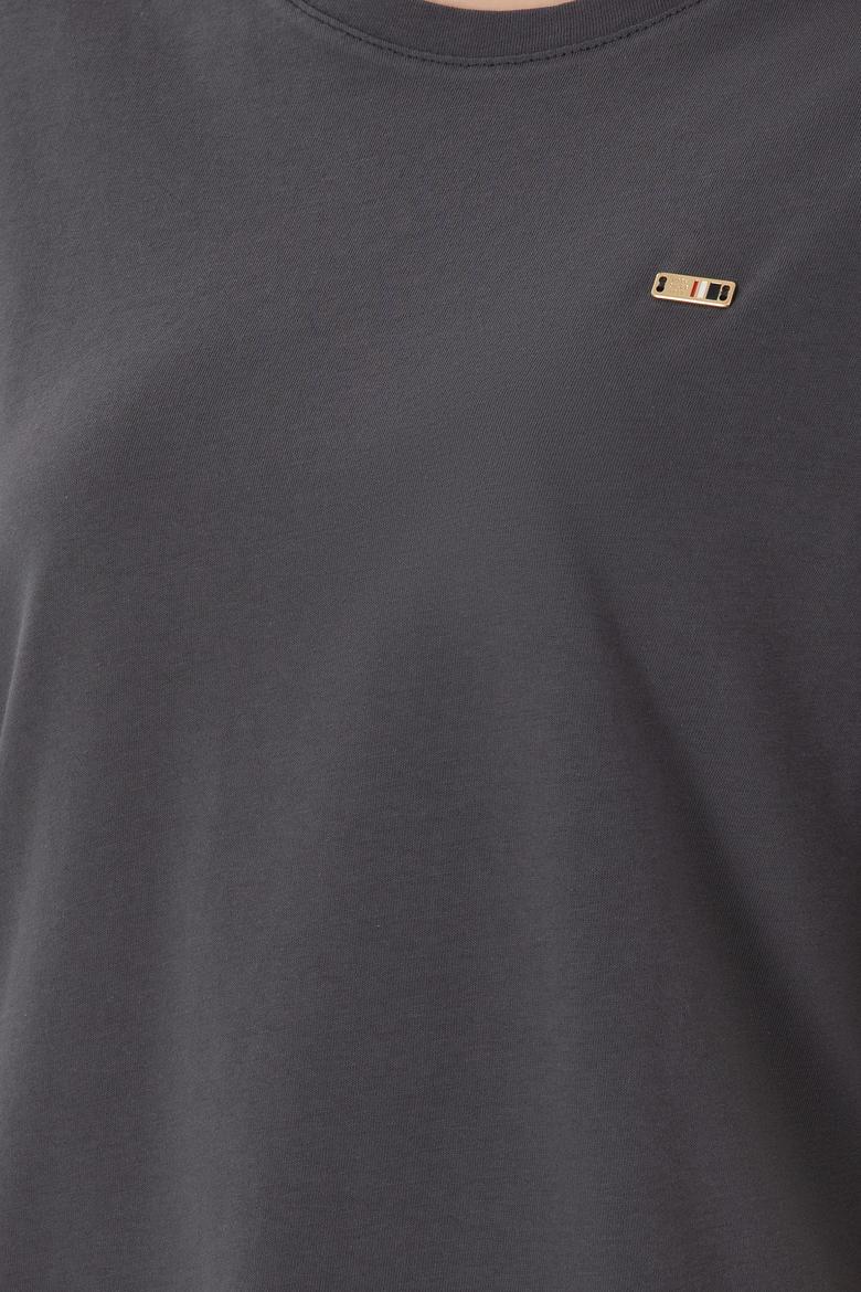 Kadın Antrasit Kol Katlamalı Bisiklet Yaka Tişört - 50305822023