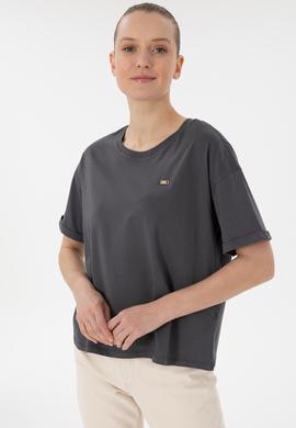 Kadın Antrasit Kol Katlamalı Bisiklet Yaka Tişört - 50305822023