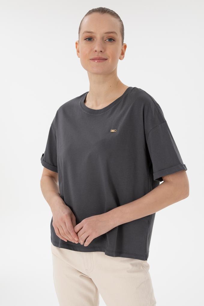 Kadın Antrasit Kol Katlamalı Bisiklet Yaka Tişört