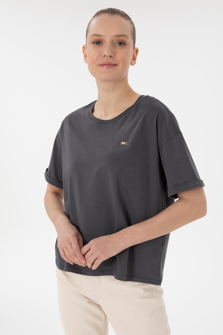 Kadın Antrasit Kol Katlamalı Bisiklet Yaka Tişört