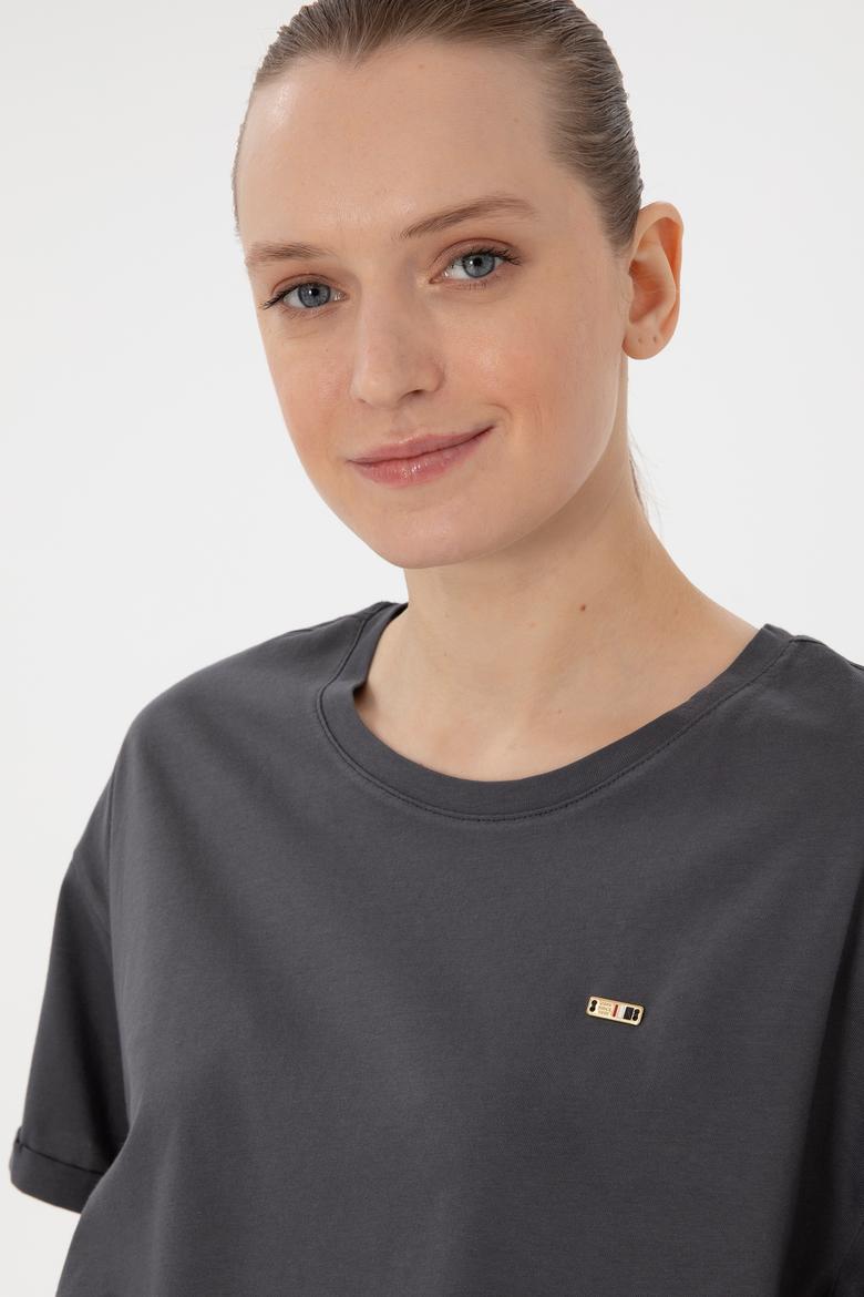 Kadın Antrasit Kol Katlamalı Bisiklet Yaka Tişört - 50305822023