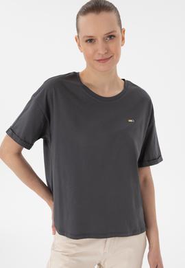 Kadın Antrasit Kol Katlamalı Bisiklet Yaka Tişört - 50305822023