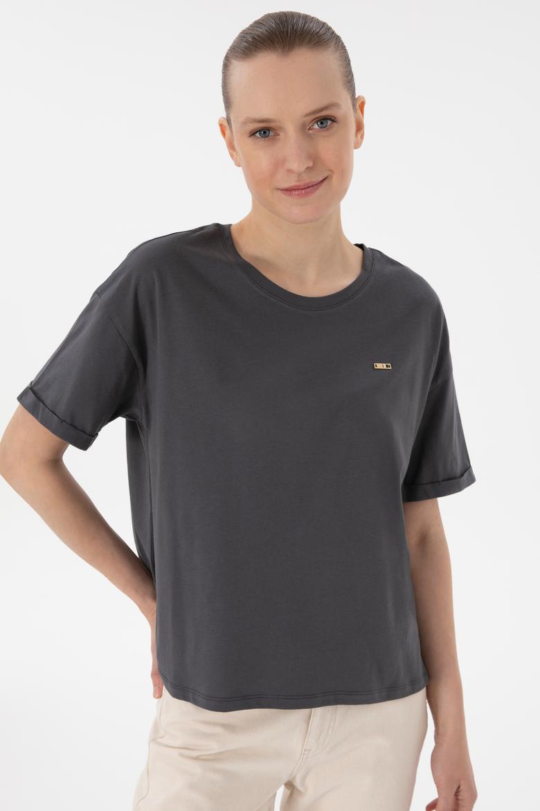 Kadın Antrasit Kol Katlamalı Bisiklet Yaka Tişört - 50305822023