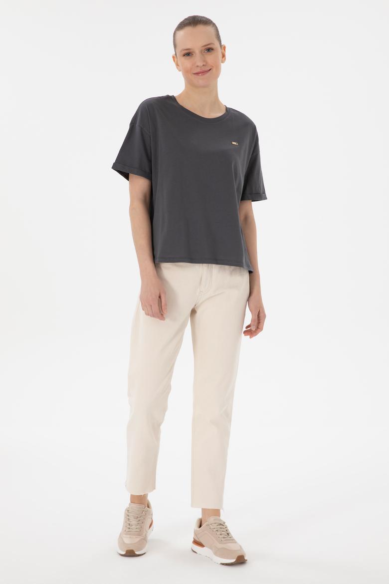 Kadın Antrasit Kol Katlamalı Bisiklet Yaka Tişört - 50305822023