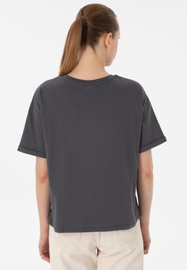 Kadın Antrasit Kol Katlamalı Bisiklet Yaka Tişört - 50305822023