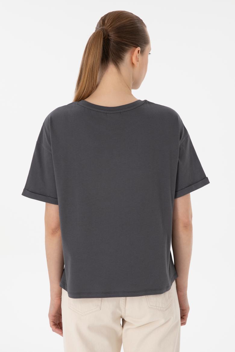 Kadın Antrasit Kol Katlamalı Bisiklet Yaka Tişört - 50305822023