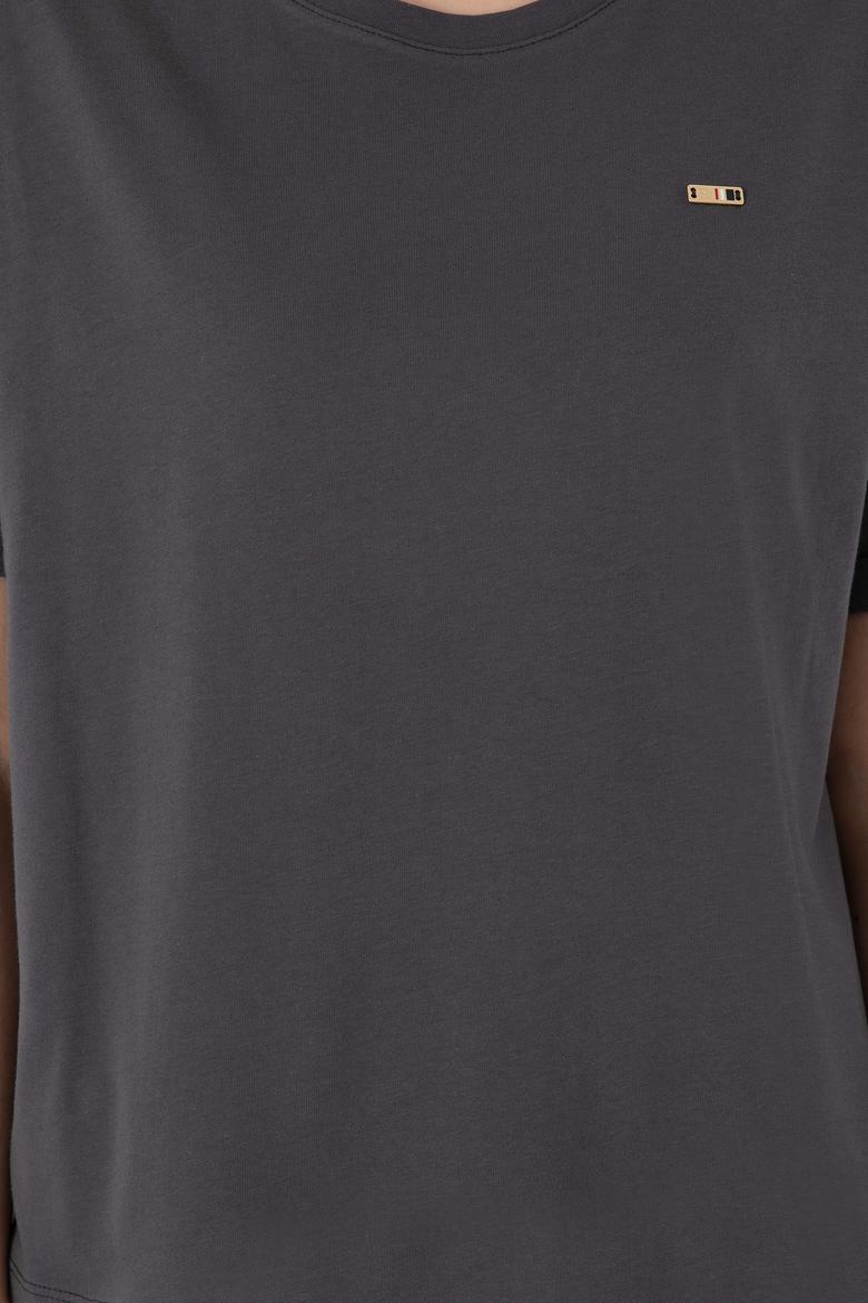 Kadın Antrasit Kol Katlamalı Bisiklet Yaka Tişört - 50305822023