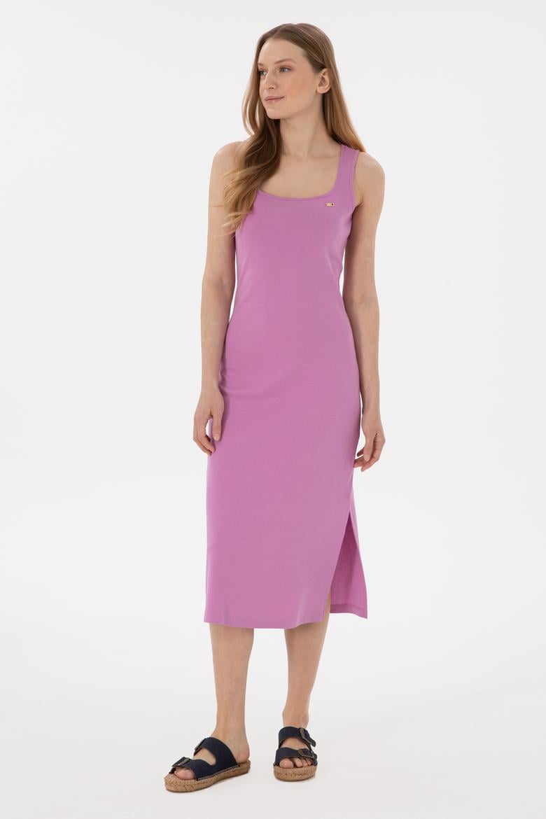 Kadın Pembe Yırtmaçlı Kolsuz Kare Yaka Midi Boy Örme Elbise - 50305835046