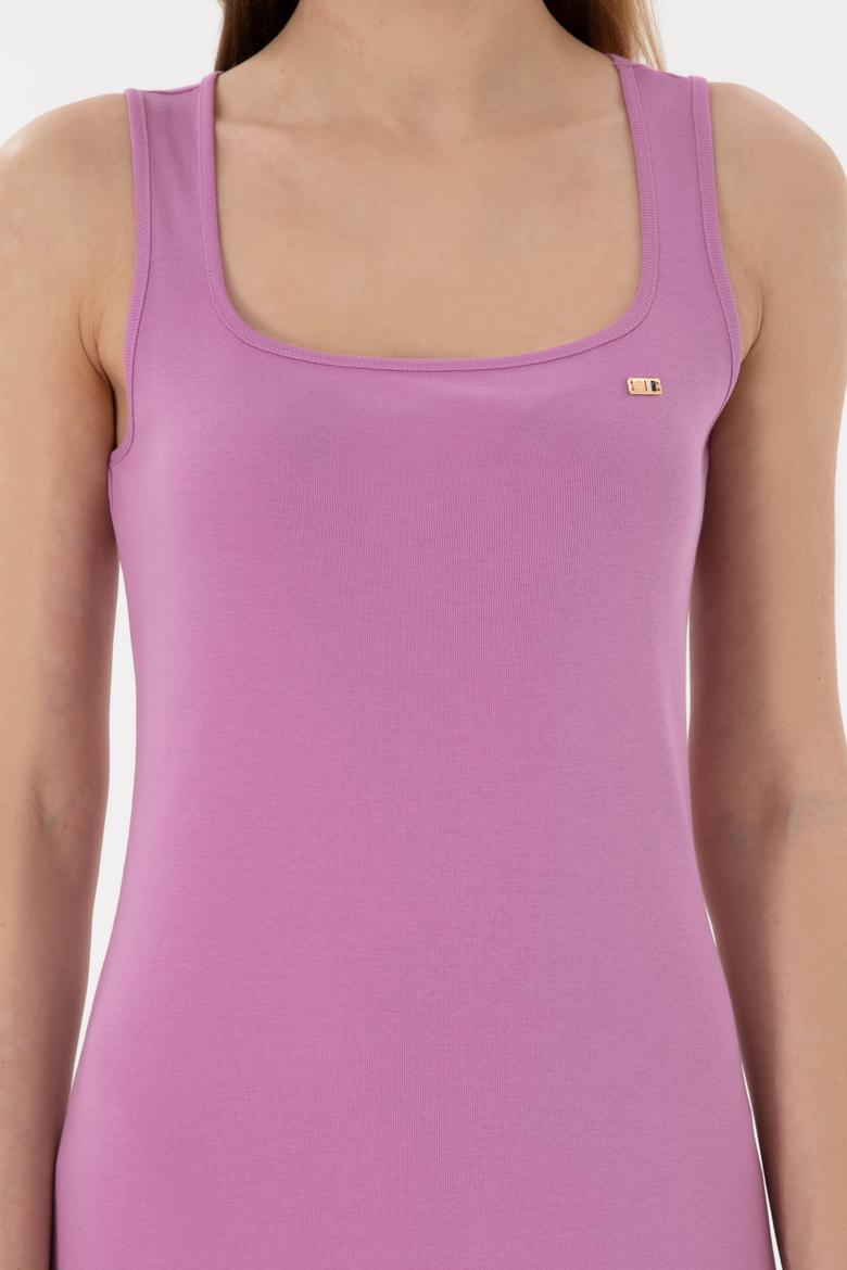 Kadın Pembe Yırtmaçlı Kolsuz Kare Yaka Midi Boy Örme Elbise - 50305835046