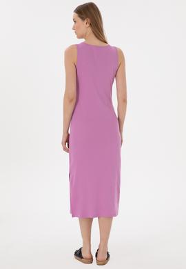 Kadın Pembe Yırtmaçlı Kolsuz Kare Yaka Midi Boy Örme Elbise - 50305835046