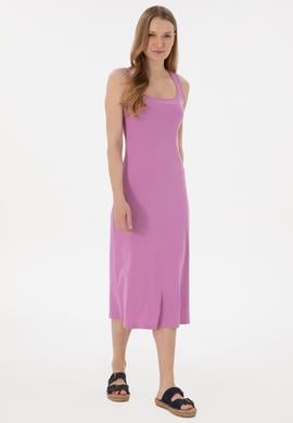 Kadın Pembe Yırtmaçlı Kolsuz Kare Yaka Midi Boy Örme Elbise - 50305835046