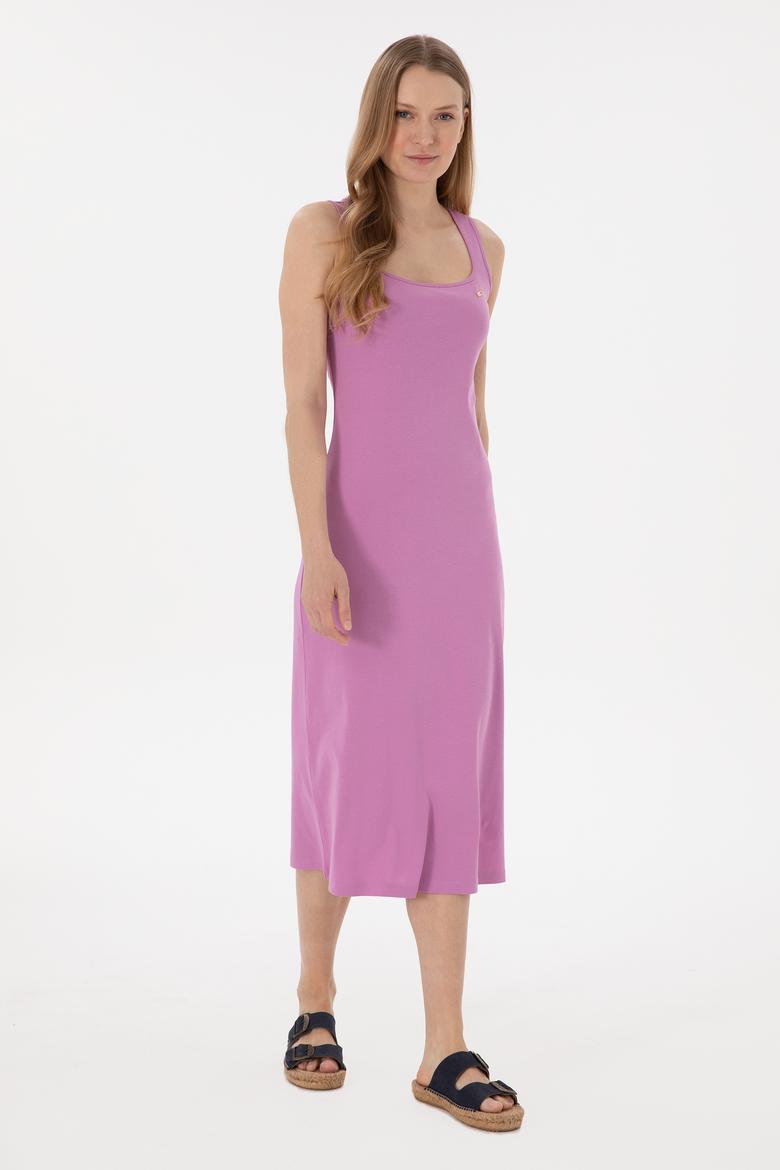 Kadın Pembe Yırtmaçlı Kolsuz Kare Yaka Midi Boy Örme Elbise