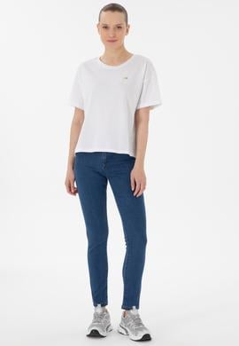 Kadın Beyaz Kol Katlamalı Bisiklet Yaka Tişört - 50305822015