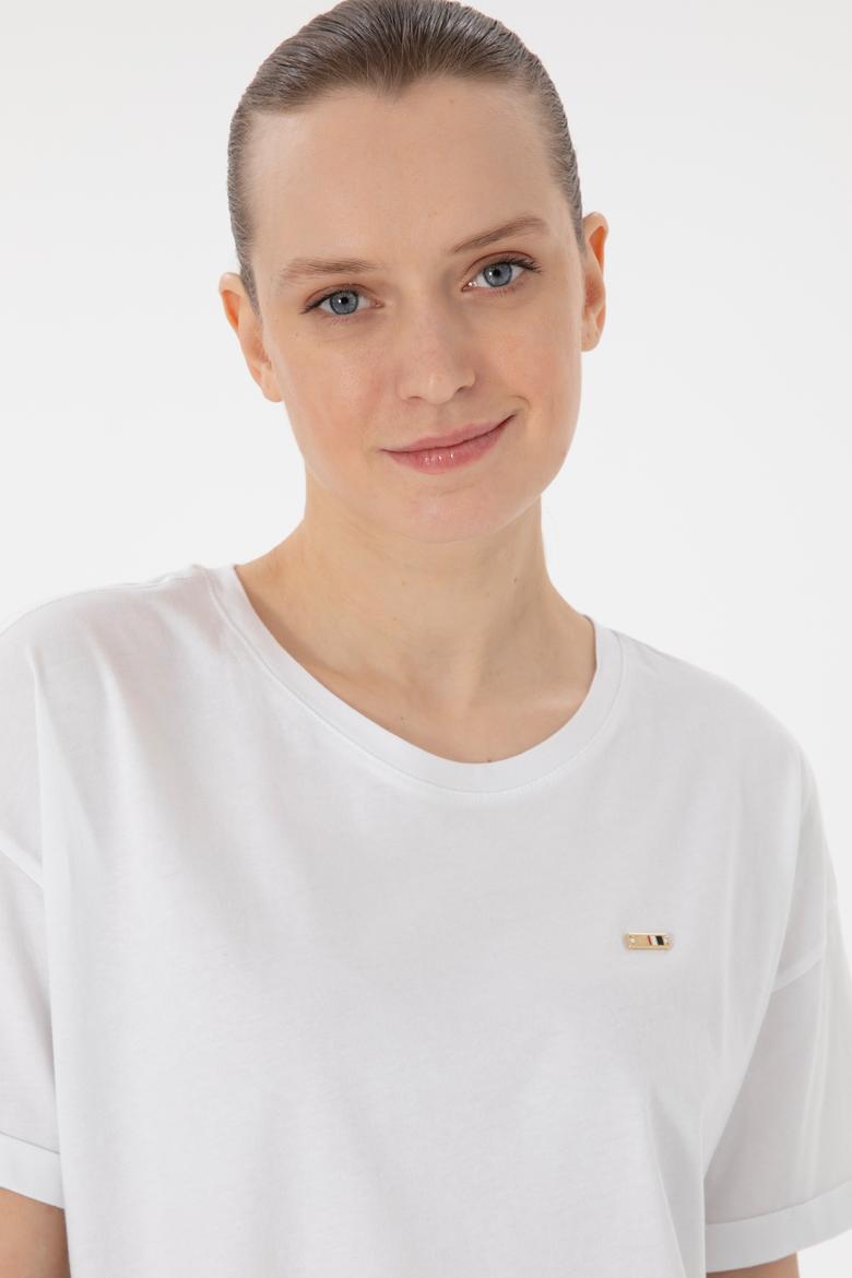 Kadın Beyaz Kol Katlamalı Bisiklet Yaka Tişört - 50305822015