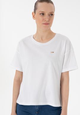 Kadın Beyaz Kol Katlamalı Bisiklet Yaka Tişört - 50305822015