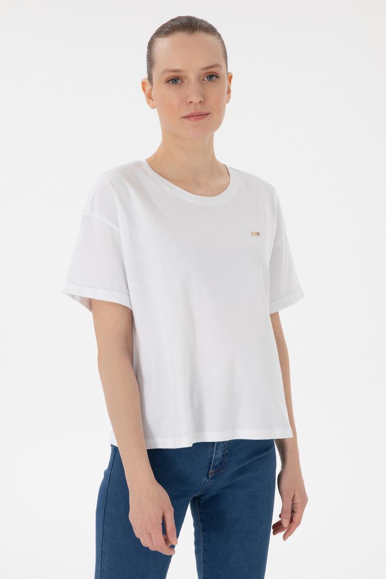 Kadın Beyaz Kol Katlamalı Bisiklet Yaka Tişört