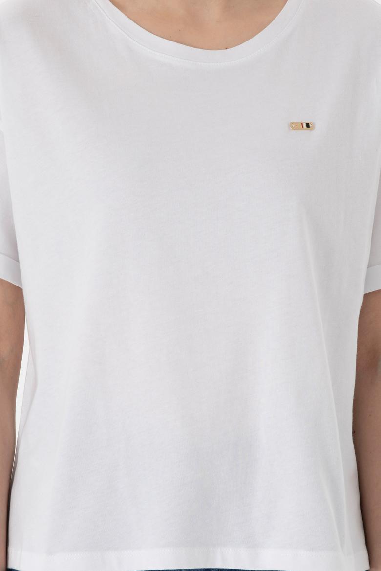 Kadın Beyaz Kol Katlamalı Bisiklet Yaka Tişört - 50305822015