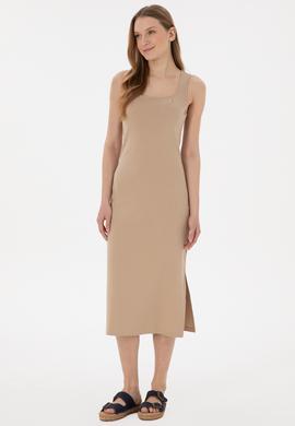 Kadın Kum Yırtmaçlı Kolsuz Kare Yaka Midi Boy Örme Elbise - 50305835054