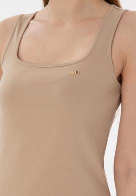 Kadın Kum Yırtmaçlı Kolsuz Kare Yaka Midi Boy Örme Elbise - 50305835054