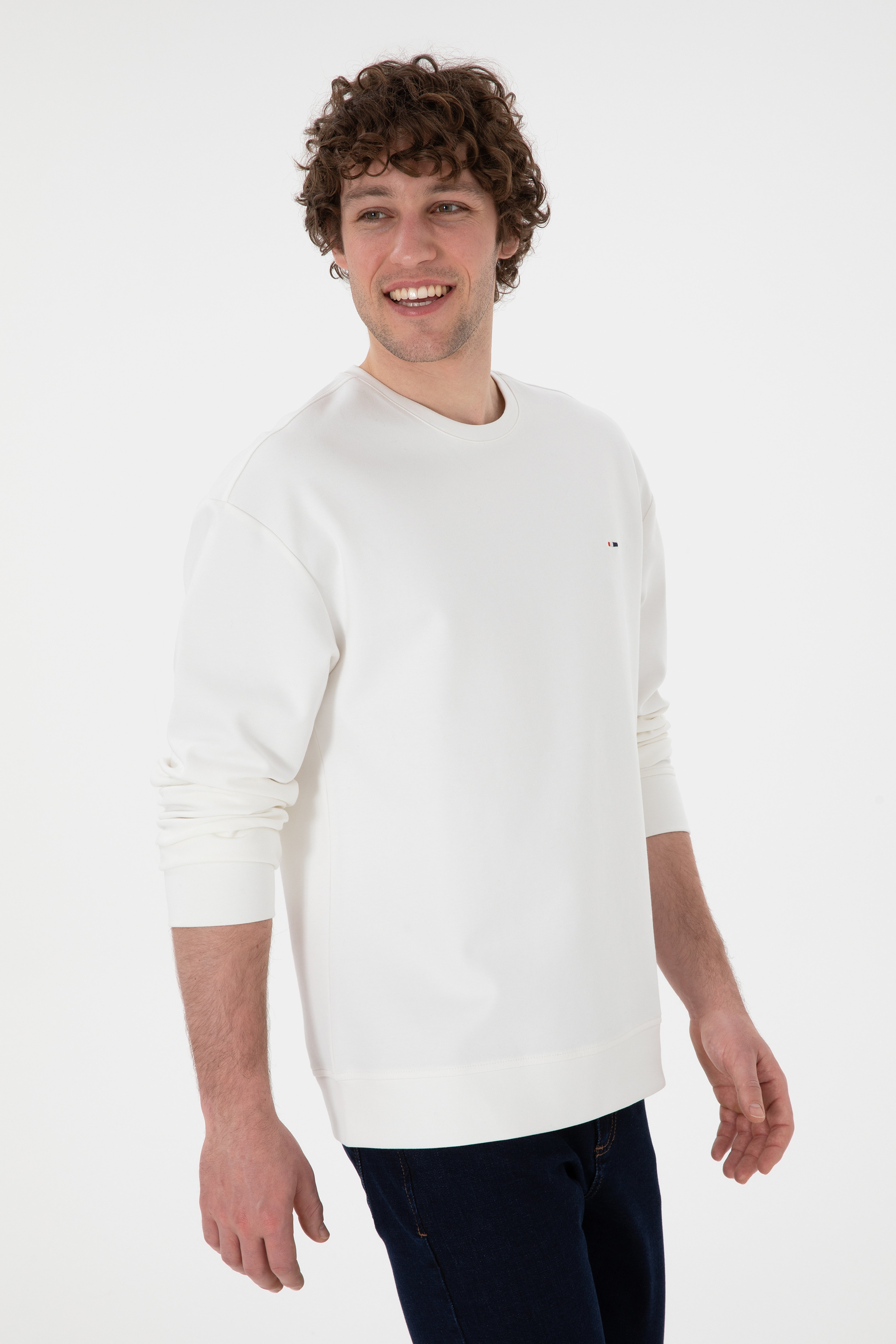 Erkek Comfort Fit Bisiklet Yaka Ekru İnce Sweatshirt