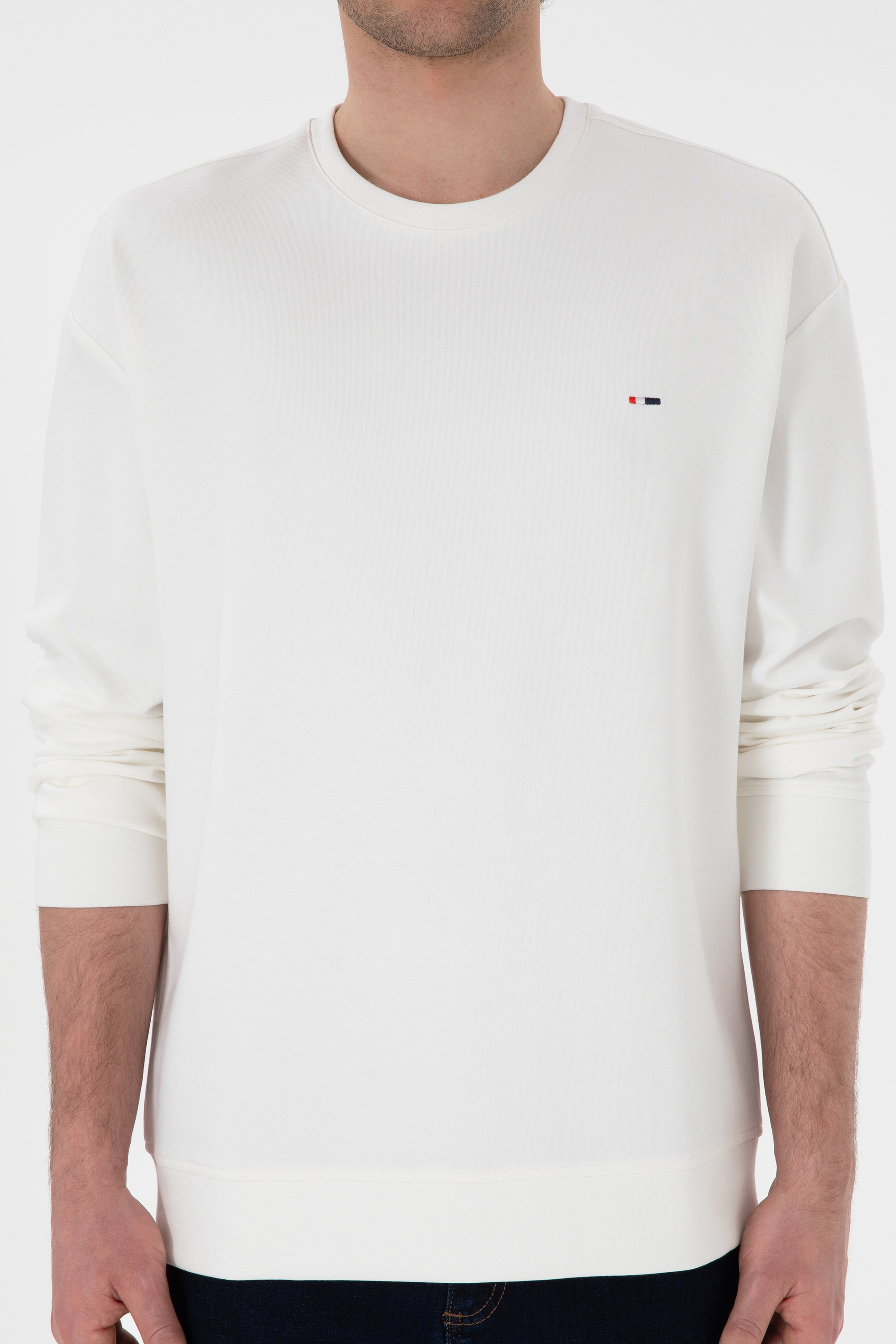 Erkek Comfort Fit Bisiklet Yaka Ekru İnce Sweatshirt - Image 6