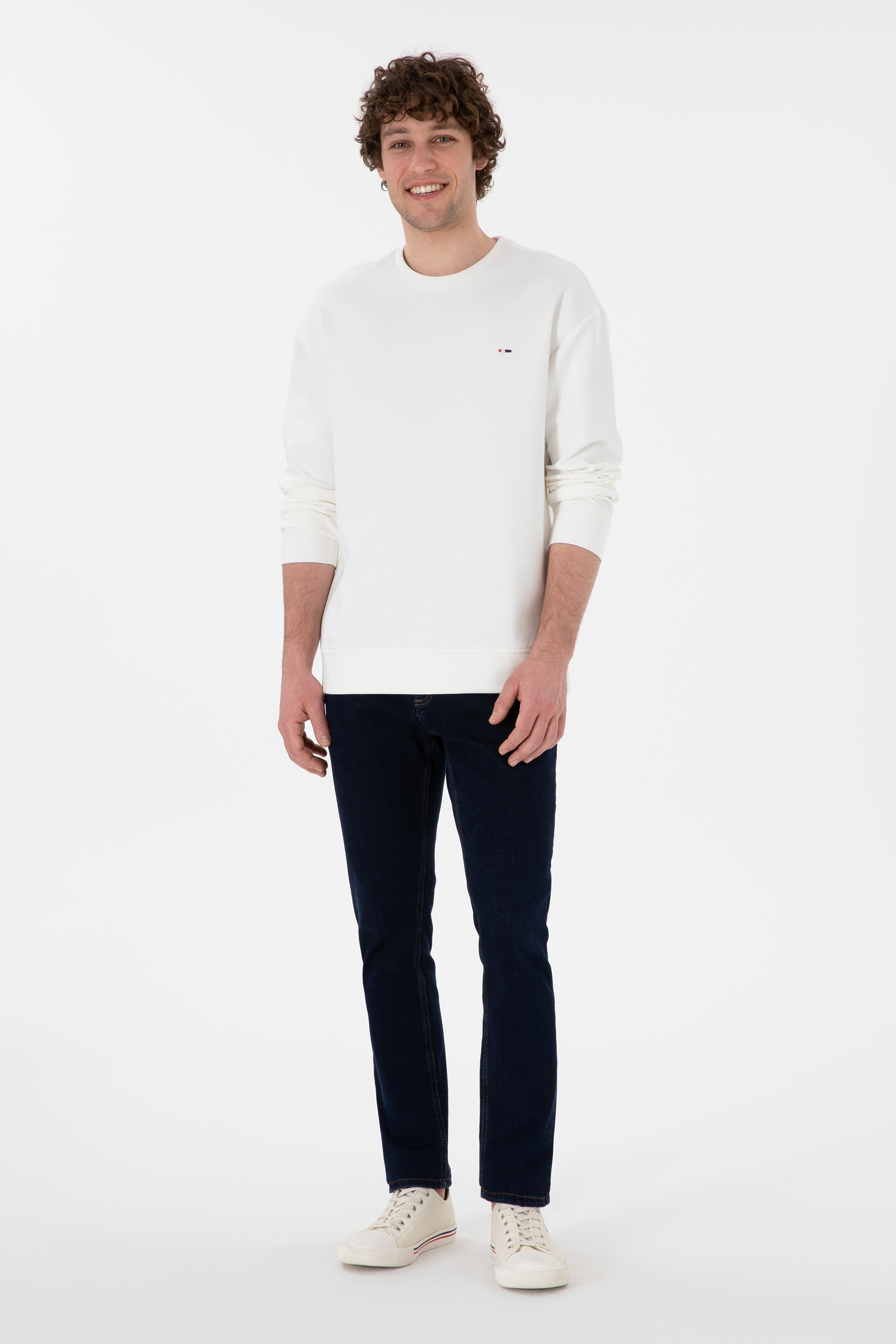 Erkek Comfort Fit Bisiklet Yaka Ekru İnce Sweatshirt